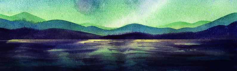 Watercolor beautiful landscape of fantastic green sky, silhouettes of mountain ranges and calm dark water. Hand drawn gradient illustration of polar night on textured paper