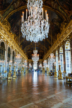 Versailles, France - July 07 2020: Hall of Mirrors (Galerie des glaces) in the palace of Versailles