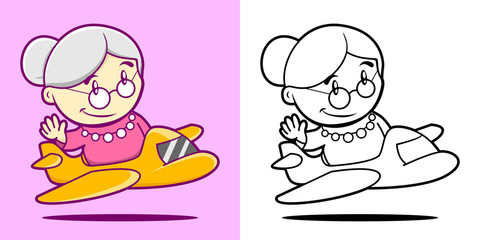 Coloring book cartoon illustration pilot granny