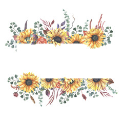 Watercolor hand painted floral sunflower fame.Watercolor floral illustration with sunflowers -  for wedding invite, stationary, greetings, wallpapers, background.