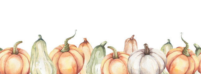 Watercolor hand painted seamless pumpkins border.Watercolor floral illustration with sunflowers -  for wedding invite, stationary, greetings, wallpapers, background.