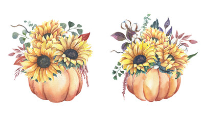 Watercolor hand painted floral sunflower bouquets with pumpkins.Watercolor floral illustration with sunflowers -  for wedding invite, stationary, greetings, wallpapers, background. © Olesya Frolova