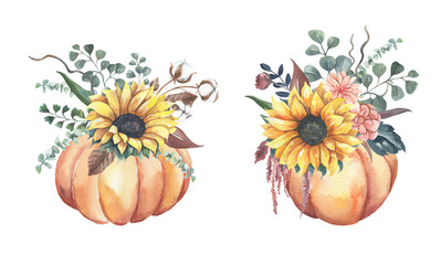 Watercolor hand painted floral sunflower bouquets with pumpkins.Watercolor floral illustration with sunflowers -  for wedding invite, stationary, greetings, wallpapers, background. © Olesya Frolova
