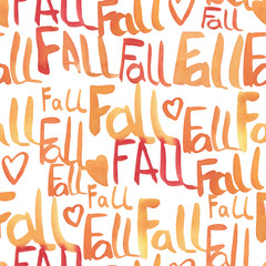 Watercolor seamless pattern with lettering-Fall isolated on white background.