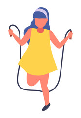 Girl jumping rope illustration. Cute little girl in yellow dress playing on white, children s outdoors activities in summer time. Movable child jumping having fun, sports training in kindergarten