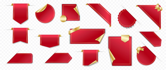 Luxury Blank ribbon sale badges, banners, price tags, special offers collection in red and gold line vector illustration.