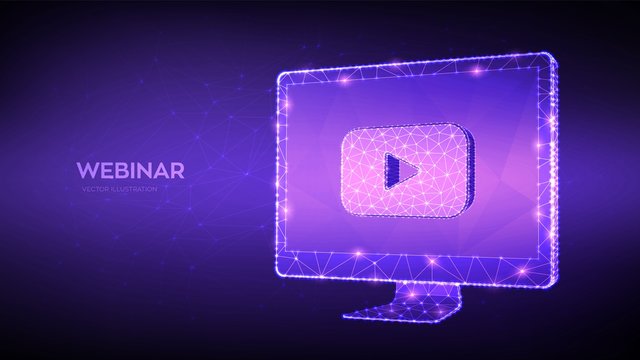 Webinar. Abstract low polygonal computer monitor with webinar icon. Internet conference. Web based seminar. Distance Learning. E-learning Training business technology symbol. Vector illustration.