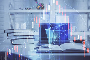 Stock market chart hologram drawn on personal computer background. Multi exposure. Concept of investment.