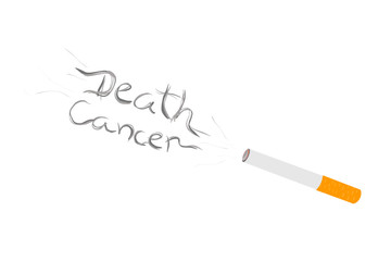 Vector illustration of cigarette with words "Death", "Cancer" made of smoke.