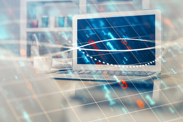 Forex market chart hologram and personal computer background. Multi exposure. Concept of investment.