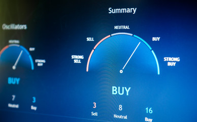 Close-up of a caption on screen BUY on the stock market or forex trading platform - 373668143