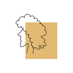 Woman profile,face with curly hair. Outline icon on beige rectangle. Fashion concept element isolated on white background. Logo for fashion journal, magazine, shop. 