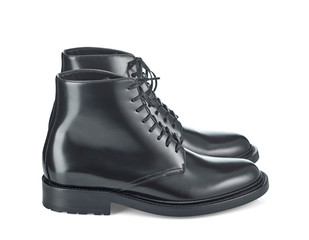 Classic black plain toe boots made of durable glossy leather with a small lace-up heel, isolated on a white background with a shadow. Side view.