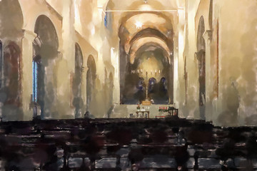 watercolor illustration:  Main room of the Braunschweig Cathedral with the colonnades, the