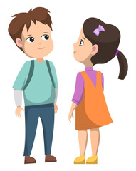 Obraz na płótnie Canvas Girl and boy standing together. Schoolboy in blue shirt and pants with backpack. Schoolgirl wear orange dress. Friends stand and smile. Back to school concept. Flat cartoon vector illustration