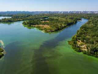 Obraz premium Aerial drone view of the Dnieper river. Green texture from blooming algae in the river.