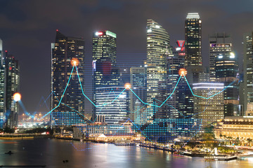 Stock market graph hologram, night panorama city view of Singapore, popular location to gain financial education in Asia. The concept of international research. Double exposure.