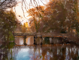 watercolor illustration: Bridge over a dark small lake with a red mill shining in the eve