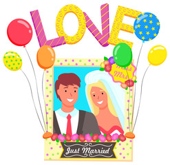 Photozone for just married couple vector, isolated man and woman celebrating wedding day flat style. Character with love letter balloons, flowers and frame made of carton. Bride and groom photo