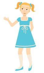 Girl in dress, isolated female character, kid with ponytails vector. Child in gaiters and ballet shoes, schoolgirl with bows in hair, clothes and outfit