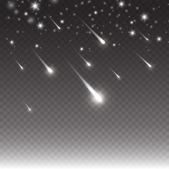 Comets shooting effect and glowing asteroids, stars at night sky. White falling meteorites isolated on black transparent background. Vector cosmos starlight trail for your design © Kindlena