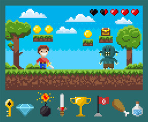 Battle of superhero with galive and monster, power symbols key, diamond and bomb, steel and cup, flag and meat with flask, screen of pixel game vector