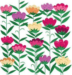 Stylized pink flowers with leaves on a white background
