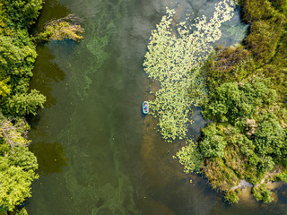 Aerial drone view. Fishing boat on green water near the shore. Algae bloom in the river, green pattern on the water.