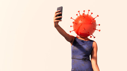 Concept or conceptual 3d illustration of a business woman checking her phone and coronavirus on a white background as a metaphor for the impact of the lockdown on the economy, finance and investment