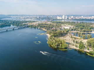 Fototapeta premium Aerial drone view of the Dnieper River in Kiev. Clear sunny day.