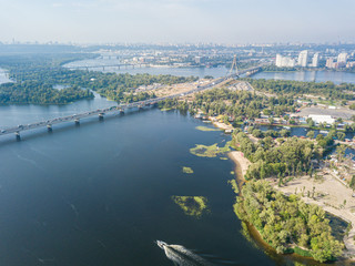 Obraz premium Aerial drone view of the Dnieper River in Kiev. Clear sunny day.