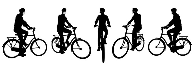 Vector concept conceptual  silhouette men on bicycle while social distancing as means of prevention and protection against coronavirus contamination. A metaphor for the new normal.