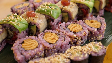 Close up of healthy colorful vegan sushi