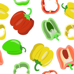 Seamless pattern of sweet peppers and their slices