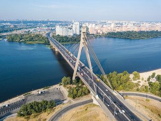 Aerial drone view. North bridge in Kiev and the Dnieper river on a clear summer morning.