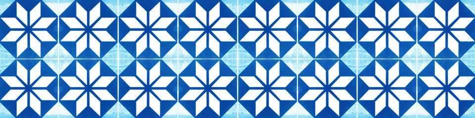 Seamless vintage retro blue colored hexagonal hexagon diamond flower motif print square mosaic...