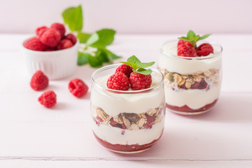 fresh raspberry and yogurt with granola