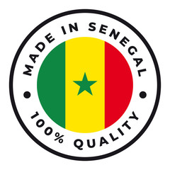 Vector circle symbol. Text Made in Senegal with flag. Isolated on white background.