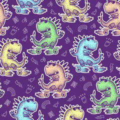 Obraz premium Seamless pattern cute dinosaur in glasses, rides on skate. Cartoon funny animal vector illustration. cool skater dino character. Skateboard drawing.