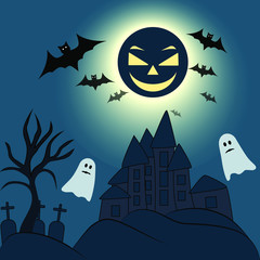 A haunted castle with bats set against a dark sky and moon. Halloween vector.