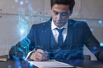 Businessman signs contract and tech hologram. Double exposure. Formal wear.