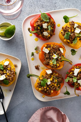 Stuffed pepper with quinoa and meat. Top view.