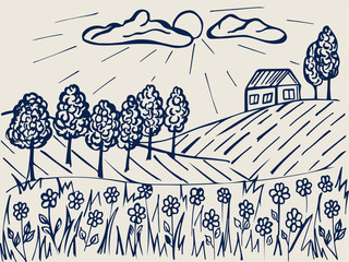 Vector village houses in the field. Sketch of a house, fields and trees.