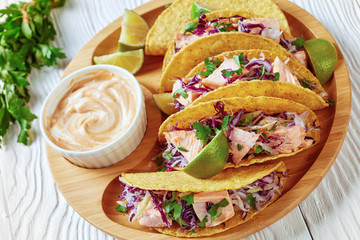 fish tacos with shredded red cabbage salad
