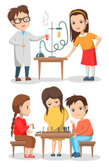 Kids playing chess board games vector, isolated children on lesson and in club. Chemistry classes with teacher and experiments, science and intelligence, back to school concept. Flat cartoon