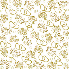 Wedding pattern of repeating abstract graphic elements. Beautiful gold rings, wedding rings, flowers, pigeons, hearts. Sample. Template. For greeting cards, envelopes, decoration, weddings, wrapping  