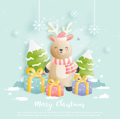 Obraz na płótnie Canvas Christmas card, celebrations with reindeer and gift boxes, vector illustration. 