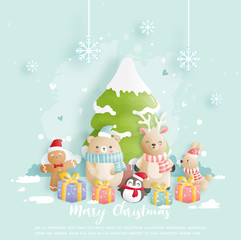 Christmas card, celebrations with bear, rabbit and reindeer in a snow forest, vector illustration. 