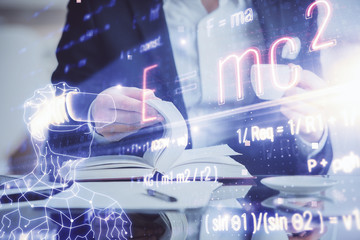 Student or teacher with mathematical and scientific formulas. Concepts of education.
