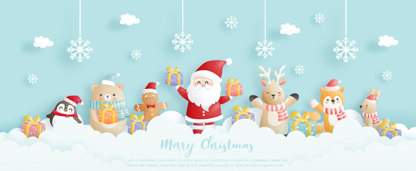 Christmas card, celebrations with Santa and friends, Christmas scene in paper cut style vector illustration. 